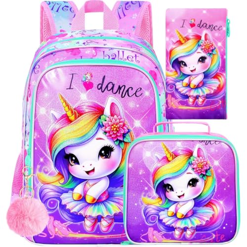 Image of WZLVO 3PCS Kids Backpack for Girls, Unicorn Dinosaur Animal Prechool Elementary Kindergarten School Bookbag with Lunch Box