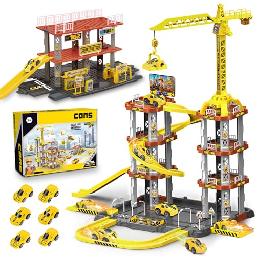 LumenVela Parking Coches Juguete, 142 PCS Garaje Coches Juguete 3 Plantas Garaje para Niños con 2 Plantas Gasolinera, 6 Coche, Grúa, Vía Giratoria, Regalo para Niños de 4, 5, 6, 7, 8, 9, 10 Años
