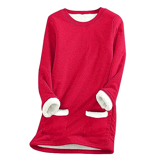 Women's Winter Warm Sherpa Lined Fleece Crewneck Sweatshirt Pullover Loungewear Long Sleeve Tunic Tops with Pockets Red