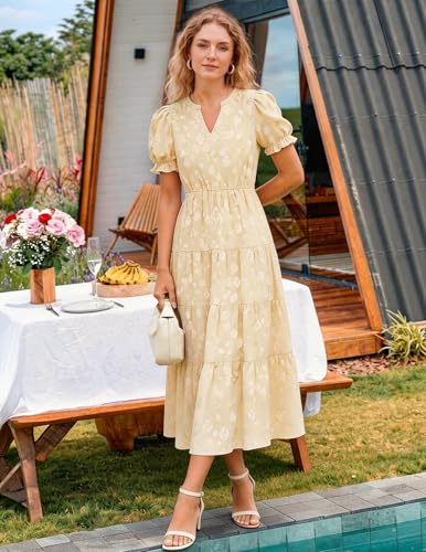 Image of ZESICA Womens Summer Floral Flowy Midi Dress 2026 Puff Short Sleeve V Neck Ruffle Tiered Beach Vacation Party Dresses