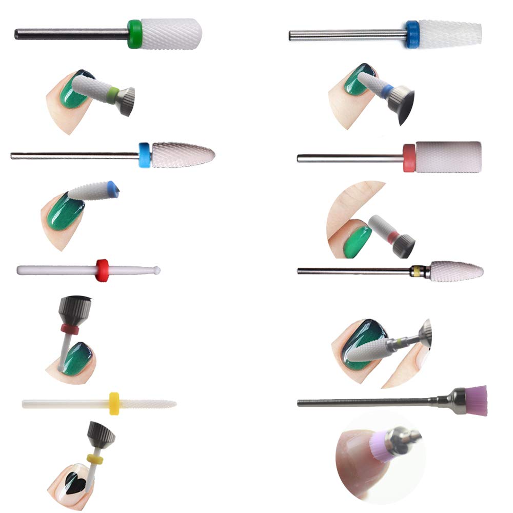 Xmasir 8 Pieces 3/32" Ceramic Nail Drill Bits Set Cuticle Clean Acrylic Gel Remove Polishing Manicure Pedicure Nail Art Tools for Electric Nail File