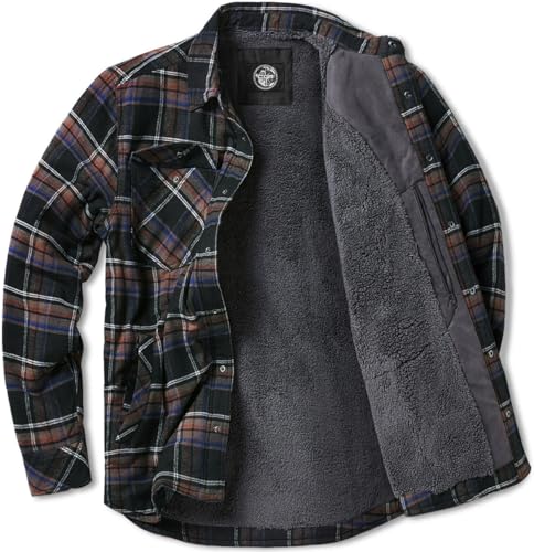 CQR Men's Sherpa Lined Cotton Flannel Shirt Jacket, Long Sleeve W...