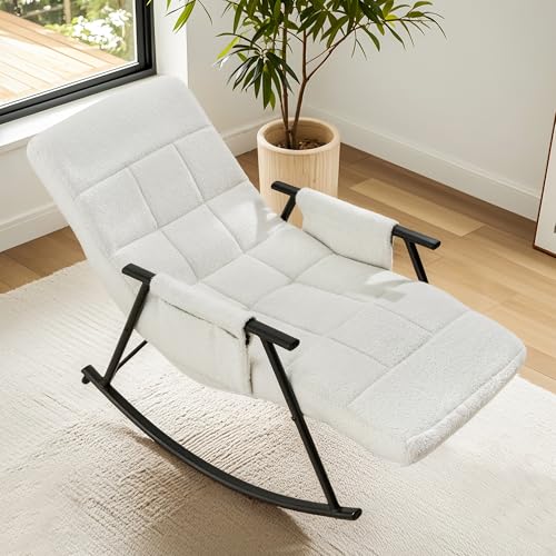 Image of VECELO High Back Nursery Rocking Chair with Foot Rest, Teddy Upholstered Reclining Glider Rocker, Comfy Armchair Padded Seat Removable Side Pockets for Living Room, Bedroom, Balcony, White