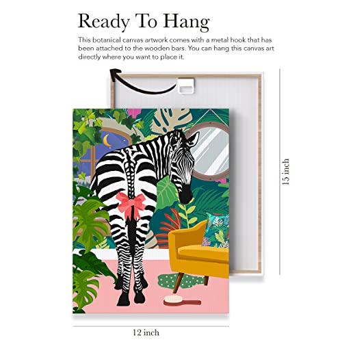 Bathroom Zebra Canvas Poster Painting Wall Art, Tropical Plant Zebra Picture Artwork Framed Print Ready To Hang For Home Wall Decor 12 X 15 Inch #TOP1