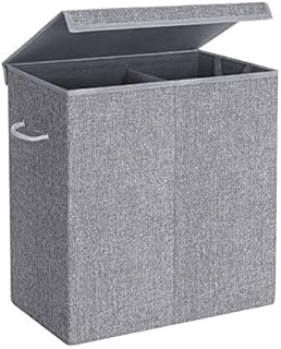 SONGMICS 142L Laundry Hamper, Linenette Fabric Laundry Basket, Divided Clothes Hamper with Magnetic Lid and Handles, Foldable, Removable Liner Bag, Grey LCB02G