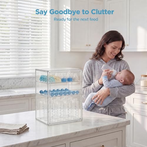 Image of HBlife Baby Bottle Storage Organizer for Countertop Cabinet, 3 Tiers Adjustable Clear Acrylic Bottles Storage Station Case Box Container with 2 Removable Dividers and Magnetic Door, Large