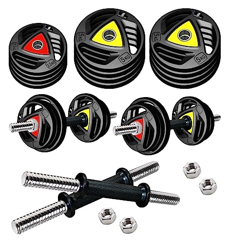 Image of Amazon Brand - Symactive Professional Metal Integrated Rubber Adjustable 50 Kg Dumbbells Fitness Kit For Full Body Workout (2.5X4 + 5X8 Kg Rubber Weight, 14'' Dumbbell Rods Pair & Nuts), Multicolor