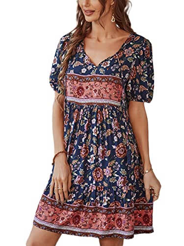 IIDACK Vestidos De Verano para Mujer Casual Cuello En V Manga Corta Vacaciones Impreso Bohemio Resort Estilo Señoras Petite Vestido Fresco