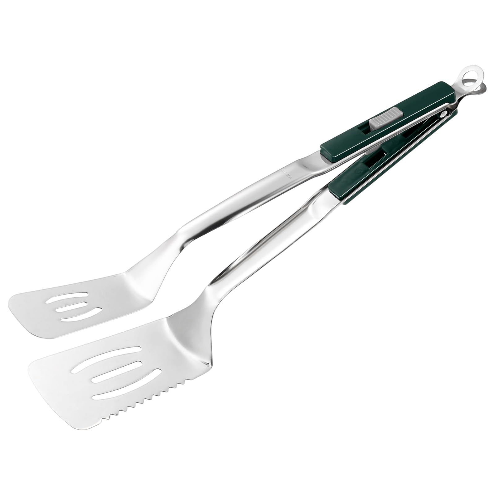 M METERXITY Spatula Tongs, 13.4 Inch 304 Stainless Steel Anti-Scald Extended Serrated Multifunctional Flipper Grill Clamp for Cooking/Barbecue, Kitchen Cooking Tong [Green Handle, Silver Tone]
