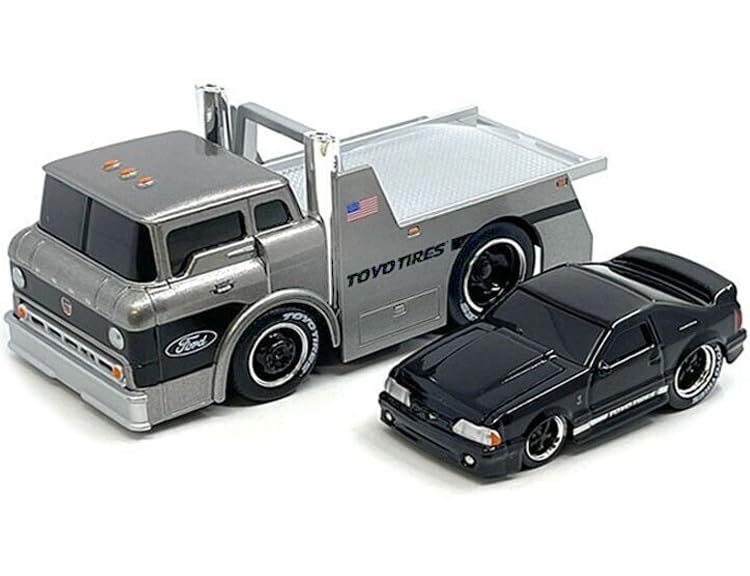 1966 C600 Flatbed Truck Gray Metallic and 1993 SVT Cobra Black Muscle Transports Series 1/64 Diecast Models by Muscle Machines 11556GRY