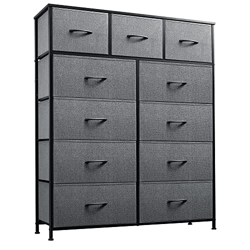 Image of WLIVE 11-Drawer Dresser, Fabric Storage Tower for Bedroom, Hallway, Nursery, Closets, Tall Chest Organizer Unit with Textured Print Fabric Bins, Steel Frame, Wood Top, Easy Pull Handle, Dark Grey