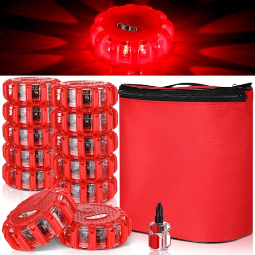 Tallew 12 Pack LED Road Flares Emergency Lights Roadside 9 Flash Modes Warning Car Safety Beacon Magnet Hook Flashing Disc Flare Kit for Vehicles Car Truck Boats Holiday Gift(Red)