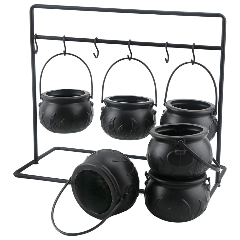 CTRLZS 6Pcs Halloween Witch Cauldron Candy Bowl Cauldron Serving Bowls with Halloween Cauldron on Rack and 6Pcs Hook