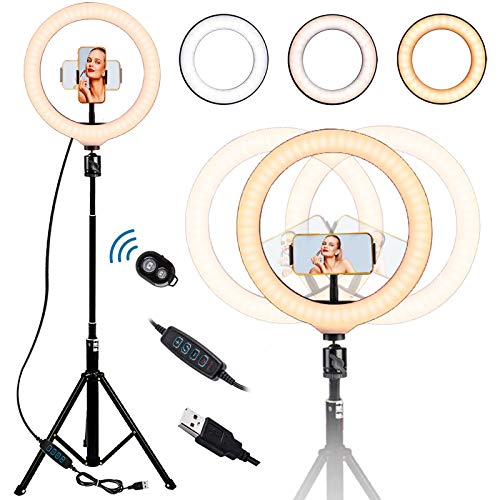 GLISTON Selfie Ring Light - 10'' Ring Light with Tripod Stand, Phone Adjustable Ring Light Compatible with iPhone and Android Phones for Live Video, Makeup, Photography and Vlog Creation