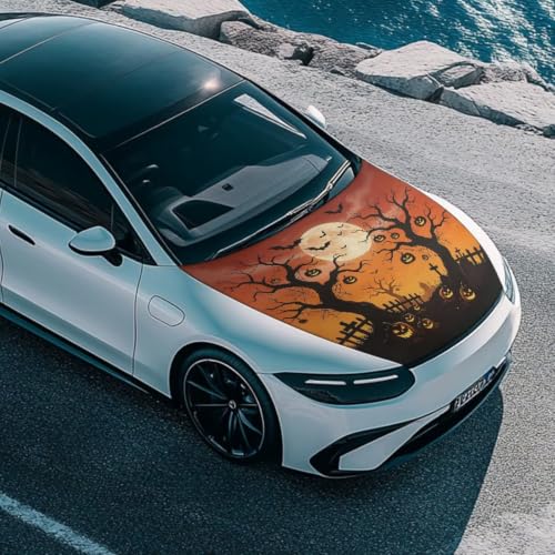 Image of Spooky Halloween Moon Print Car Hood Cover Easy to Install Fabric Hood Cover Halloween Vehicles Decorate Engine Removable Automotive Accessories Personalized Suitable for Cars(59x39 Inch)