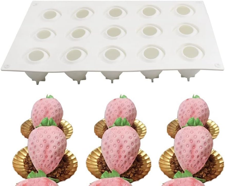Cake Molds Baking Dessert Jelly Ice Cream 3D Fruit Shapes Silicone Mold for Chocolate Candy Pastry Truffle Pudding Jelly Cheesecake Mousse Soap, 15-Cavity Strawberry Mold Baking Accessories