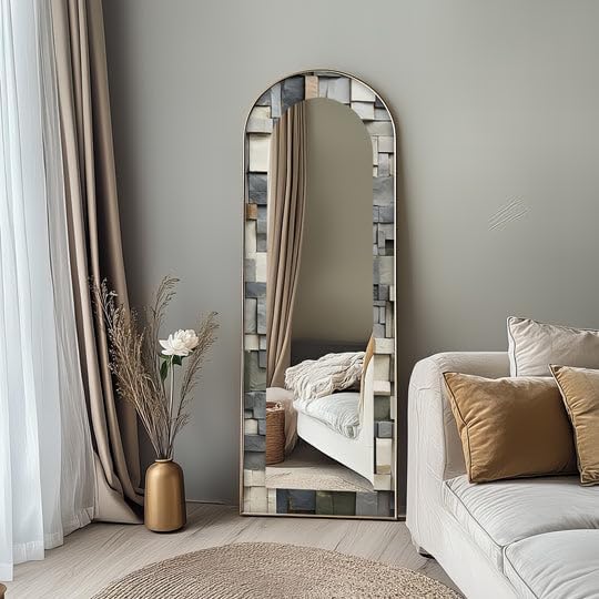 23,5’’W x 67’’H Textured Stone Pattern – Full-Lenght Stained Floor Mirror Arched Full Lenght Mirror - Arch Full Body Stained Floor Mirror with Black Frame with Gold Frame