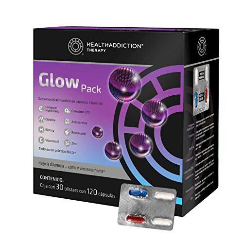 HEALTHADDICTION - Colágeno Glow Pack con Coenzima Q10, Biotina, Vitamina E, Astaxantina, Zinc, Acaí y Antioxidantes - Fórmula Completa de Colágeno...