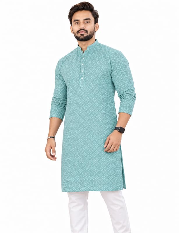 Image of Men's Lakhnawi Chikankari Kurta Set Cotton Ethnic Kurta Pajama for Men Wedding Festive Designer Indian Outfit Stylish Embroidered Kurta Set
