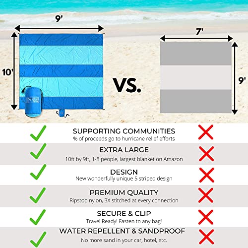 Aquatus Beach Blanket Sandproof Extra Large Oversized 10Ft By 9Ft For 2-8 Adults, Best Beach Mat Accessories For Vacation, Camping, Picnics, And Events Attached Bag With 4 Stakes And 4 Corner Pockets #TOP2