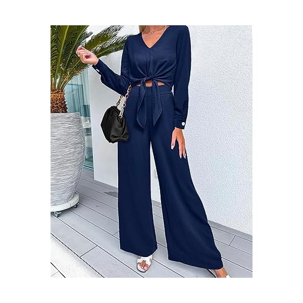 PRETTYGARDEN Woman Elegant Fall Clothes Dressy Crop Top Palazzo Pant With Pocket Spring Solid Color 2 Piece Outfits 2023(Solid Dark Blue,Medium)
