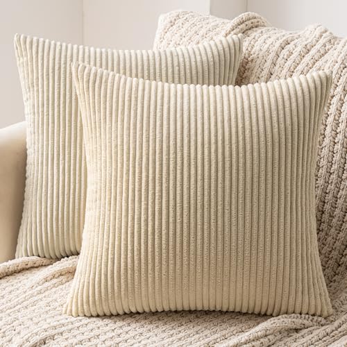 MIULEE Striped Corduroy Fabric Square Throw Pillow Case,Solid Cushion Cover for Sofa Chair Couch/Bedroom Decorative Pillowcases 18x18 Inch 2 Pieces,Light beige