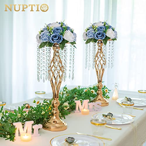 NUPTIO Flower Balls for Wedding Centrepieces - 2 Pcs 24cm Diameter Artificial Flower Ball Arrangement Bouquet Party Centerpieces for Tables - Dusty Blue & White Fake Rose Flowers for Weddings Decor - Image 4