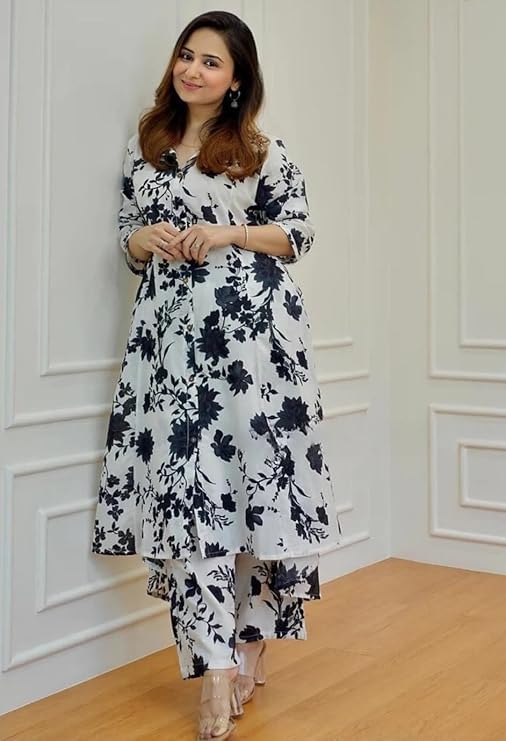 Image of GRECIILOOKS Co ord set for women stylish | Anarkali Kurta-Set - Viscose Printed Kurta & Straight Pant | kurtis| Festive Indian Traditional Outfit Dress for Functions & Puja | Trendy Travel & Streetwear Look for Woman | 3 /4 Half Sleeve