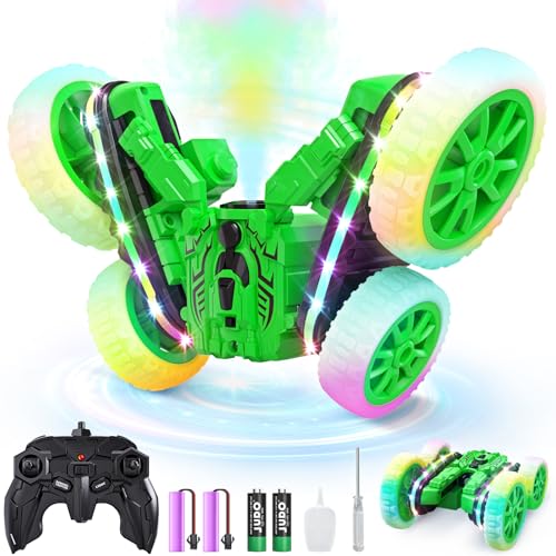 Jimdella Remote Control Car,RC Cars with Sides Light and Headlights,360°Rotating 4WD Spray RC Stunt Car,2.4Ghz All Terrain Toy Car for Boys Age 4-7 Kids Toy for 8-12 Boys Girls Birthday Gift(Green)