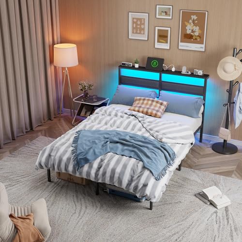 Image of OURPIC Full Size Bed Frame with Headboard, Bed Frame Full Size with LED Light and Charging Station, Black Metal Platform Bedframe and Storage Shelf, No Box Spring Needed, Noise Free