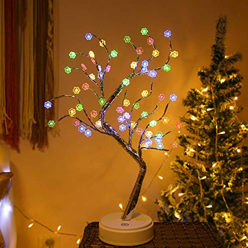 Luces de mesa para el árbol de bonsái - 60 flores LED Luz artificial para el árbol Batería/Mini árbol de Navidad operado por USB Ramas ajustables para la decoración del hogar (Multicolor)