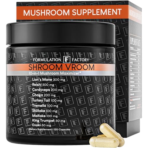 Formulation Factory Shroom Vroom 10-in-1 Mushroom Complex with Lions Mane Reishi Cordyceps Chaga Turkey Tail Tremella Maitake Shiitake & More - 120 Capsules 2 Month Supply