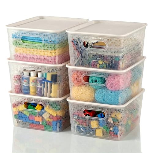 Kuber Industries 6 Pcs Plastic Large Solitaire Storage Basket with Lid & Handle | Multipurpose Storage Rectangular Box for Cloths Toys & Books | H5 - Transparent