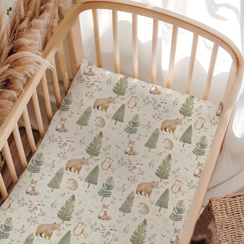 Image of Woodland Forest Animals Crib Sheets, Woodland Bears Trees Baby Fitted Crib Sheet for Standard Crib and Toddler Mattress, Unisex Animals Print Nursery Crib Mattress Sheet for Baby Boys Girls-28 * 52