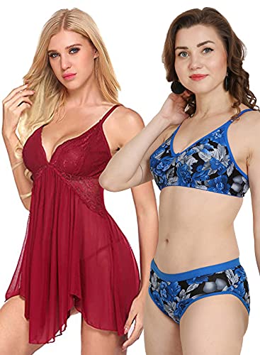 Image of Love Maker Lace Net Stylish Women Nightwear with Cotton Bra Panty Set for Women, Non Padded Bra Panty Set for Women & Night Wear Honeymoon Nighty for Women.