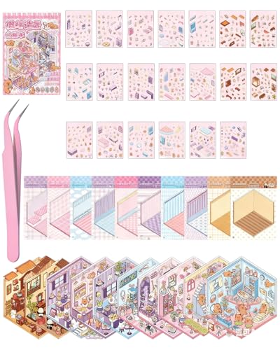 HUVZOR Ensemble de 10 pièces Stickers Scene Autocollant 3D de Scène, Sticker Scene Miniature avec 1 Pincette, House Aménagement paysager Miniature...