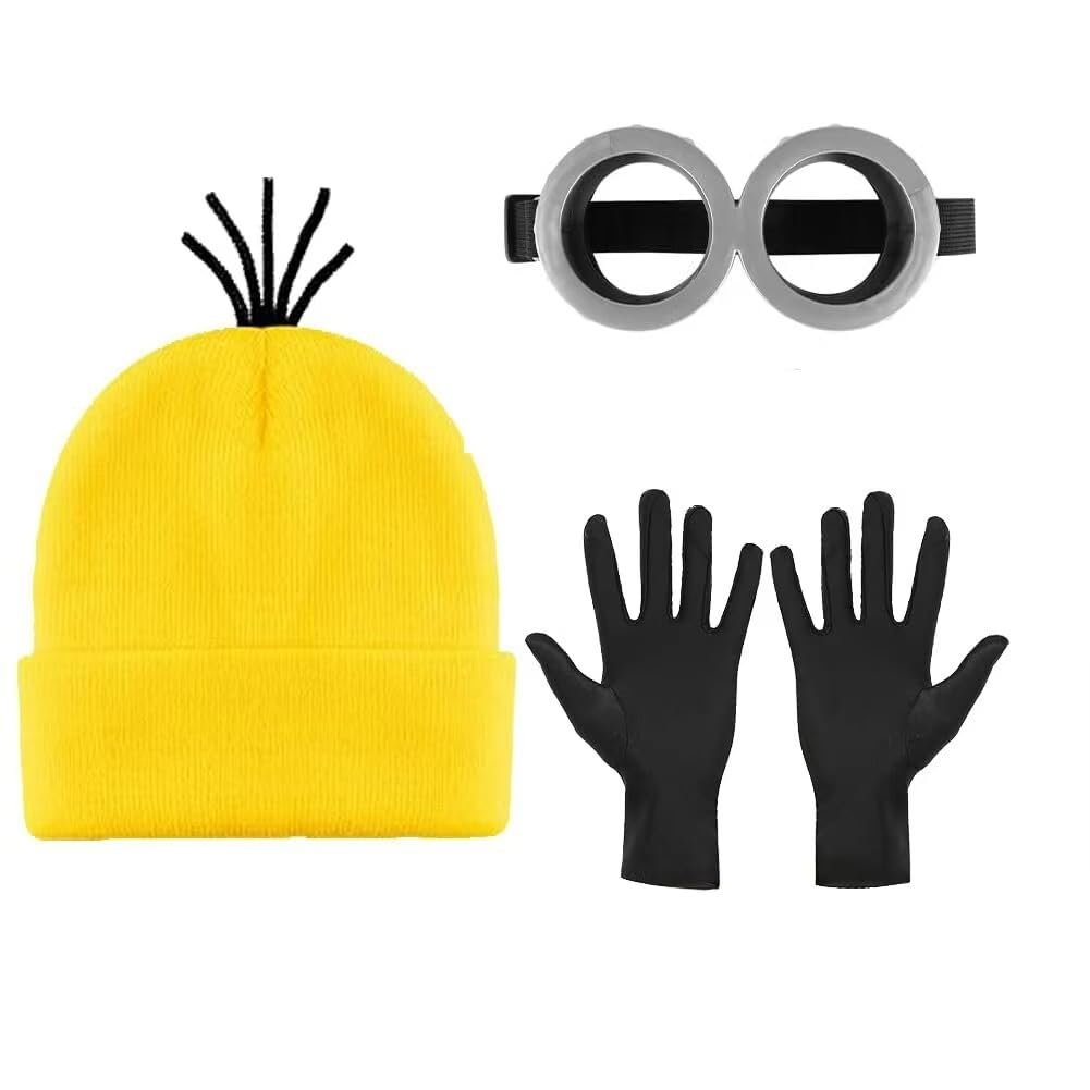 MZinge Steampunk Costume Accessories Adult set, Yellow Beanie Hat, Goggles Glasses, Black Gloves for Halloween Party