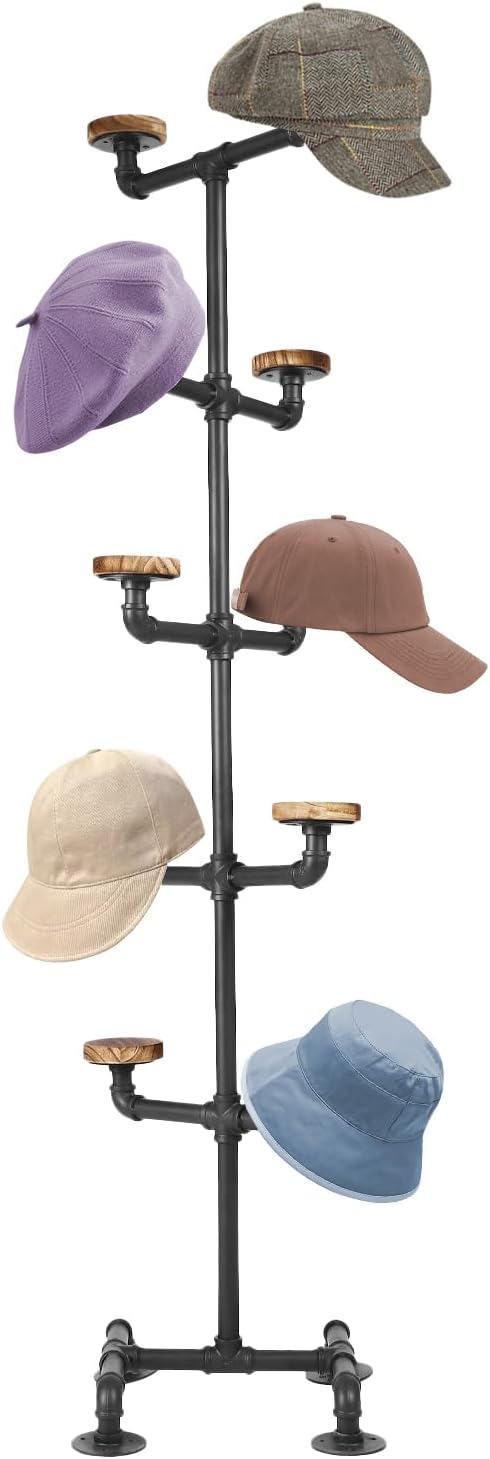 5 Tier 10 Hooks Floor-Standing Hat Cap Rack, Industrial Metal Pipe Hats Wig Display Hanger for Home or Retail Store, 13.4 * 13.4 * 61in (Black)