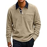 Men's Corduroy Sweatshirts Casual Long Sleeve Polo Shirts Lightweight Quarter Button Collared Golf Tops Khaki