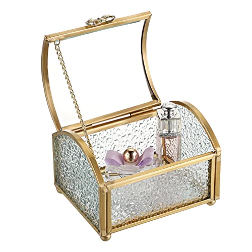 Elldoo Gold Vintage Glass Jewelry Box With Clear Lid Diamond Pattern Treasure Chest Box Rectangle Keepsake Box Trinket Box, Small Size #TOP7