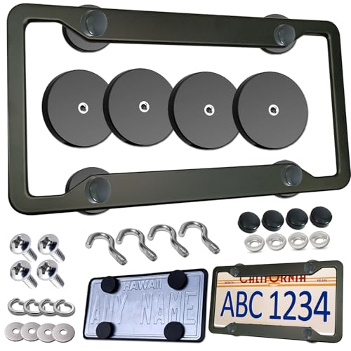 Magnetic License Plate Frame with 4 Rubber-Coated Neodymium Magnets - Black Aluminum Holder for No-Drill Temporary Tags on Metal Car Bumpers