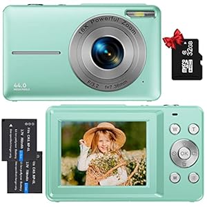 Digitalkamera, 1080P Kinderkamera mit 32GB Micro SD-Karte FHD Fotokamera 44MP Vlogging-Kamera Tragbare Kompaktkamera mit LCD-Bildschirm 16X Digitalzoom und 2 Batterien für Teenager Mädchen Jungen-Grün