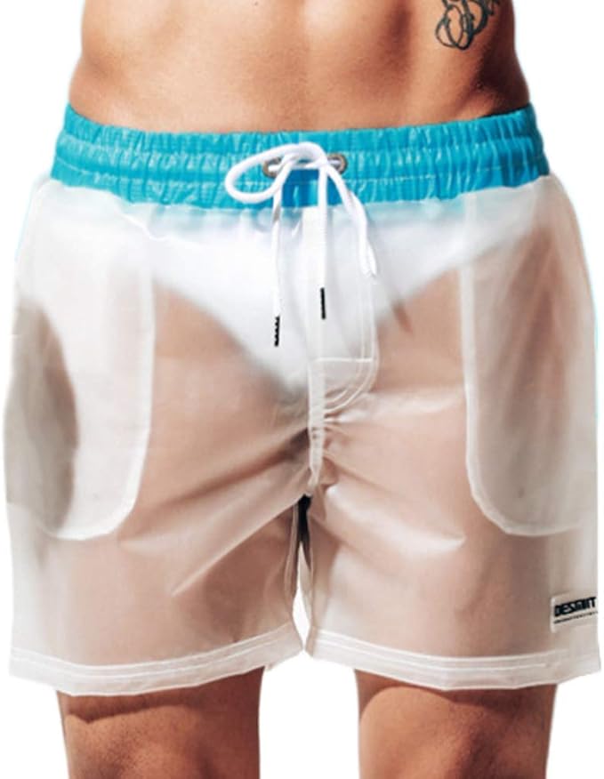 Amazon 透け透け メンズ水着 クリア 透明パンツ レインパンツ 半透明 ショートパンツ シンプル 透け感 サーフパンツ 競パン 海パン ビーチ パンツ マッチョ プリケツ 男性 大人gtline Favolic ファボリック ショートパンツ 通販