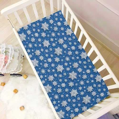 Image of Baby Crib Sheet Christmas Snowflake Blue Crib Mattress for Boys and Girls Playard Sheet Soft Breathable Fitted Baby Mattress Cover 52x28in