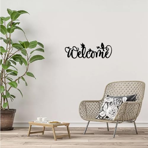 CREATCABIN Willkommen Metall-Wanddekoration,Schwarze Worte,Wandbehang,Dekor,Eisen-Wandkunst,Ausschnitt,Silhouette,Vögel Auf Zweigen,Skulptur,Dekoration,Schild,Ornament Für Yoga,Garten,Balkon,30x10cm