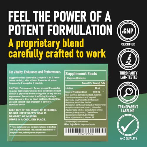 Super 13 Fast Acting Herbal Male Supplement for Men. 13 Potent Ingredients - Horny Goat Weed Tongkat Ali Maca & More for Energy Vitality Stamina Endurance and Performance Enhancer Pills 10 Caps