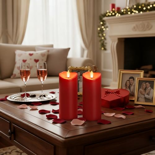 Image of Homemory Burgundy Flameless Candles, Waterproof Flickering Candles, Outdoor Battery Operated LED Pillar Candles with Remote Timer, Electric Fake Plastic Candles, Red, Christmas Decor, 3 inch x 8 inch8 inch
