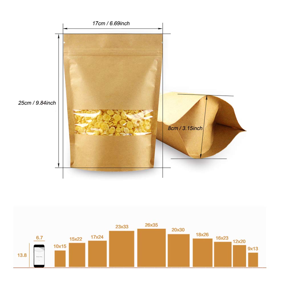 Lot De 50 Sachets Papier Kraft 12x20cm Avec Zip Et Fenêtre - Hermétiques Et Réutilisables
