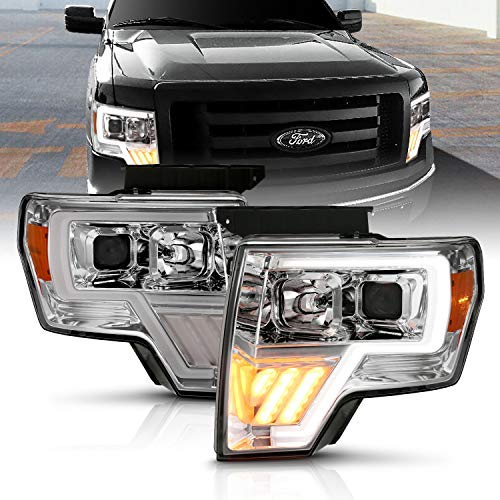 AmeriLite Chrome Projector Headlights LED Halo Bar Turn Signal Set for Ford F-150 - Passenger and Driver Side