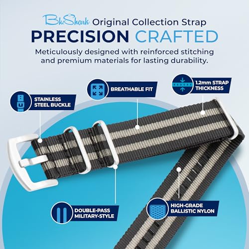 Image of BluShark - Original Collection Military-Style Waterproof Watch Strap, Fits All Timepiece Brands, Durable Nylon Wristwatch Accessories with Stainless Steel Buckle - 18mm, 20mm, 22mm & 24mm Watch Bands